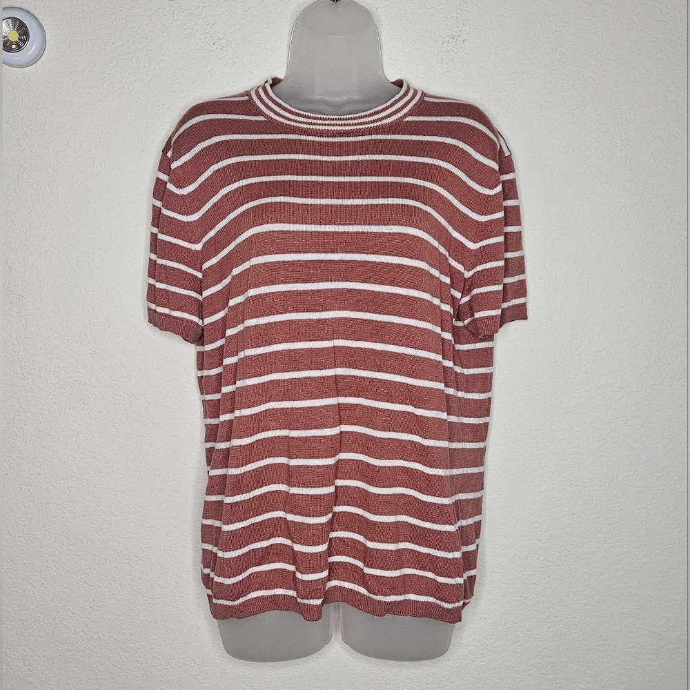 Perry Ellis Linen Blend Brown White Striped Short Sleeve Knit Sweater Top
